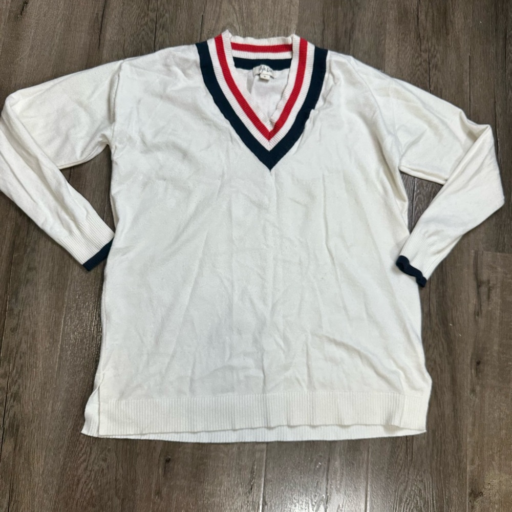 Style & Co. Men's V-Neck Sweater in White with Red and Blue Trim